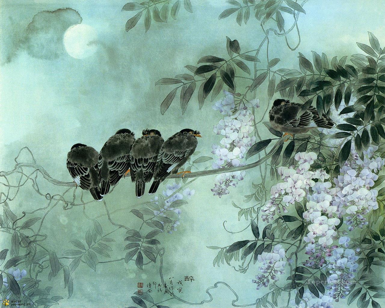 Flores de pájaros chinos bajo la luna. Pintura al óleo